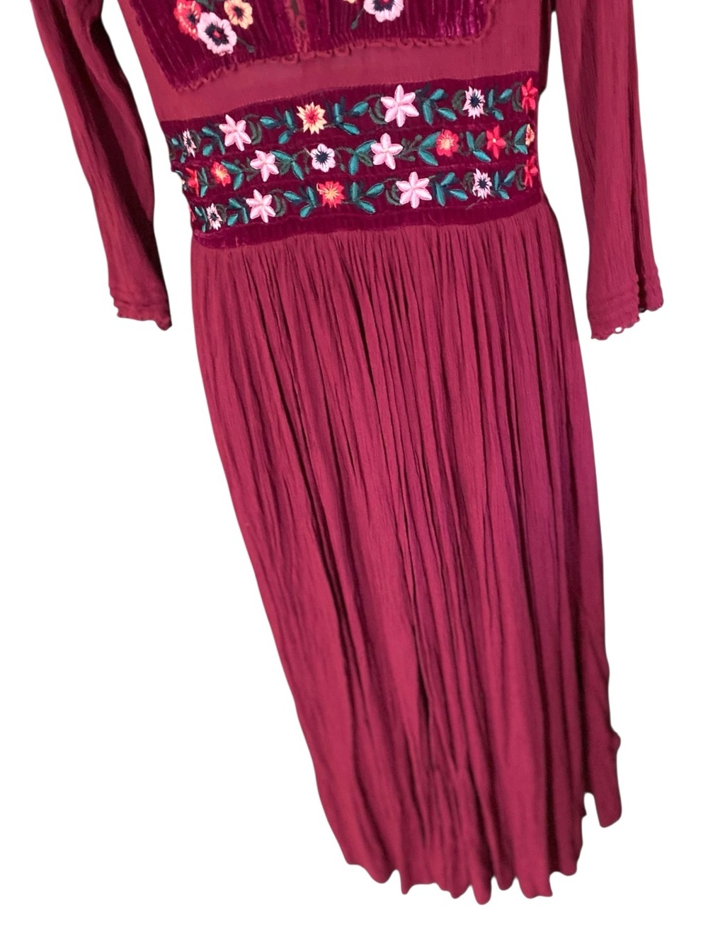 Free People Floral Embroidered Folk Gauzey Midi Dress S Cranberry Red Peasant - Picture 9 of 14